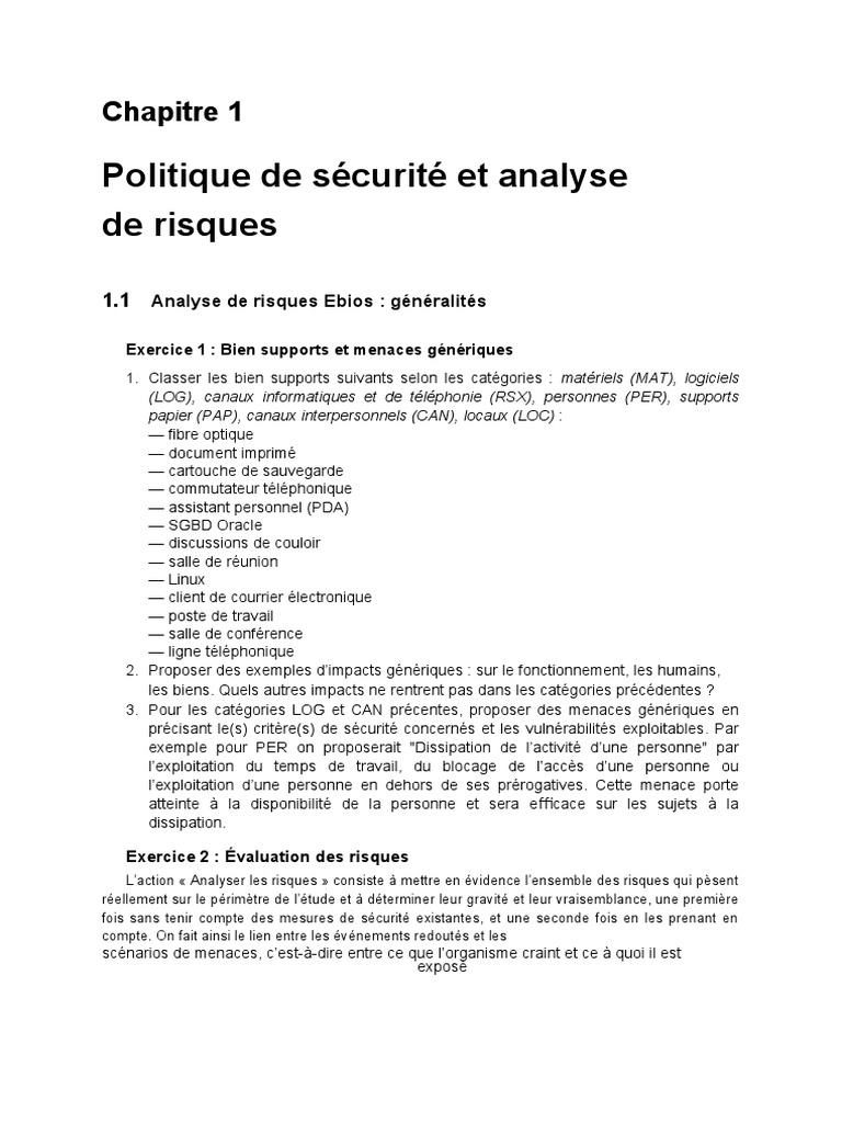 Politique de Sécurité Et Analyse de Risques: Chapitre 1 | PDF ...