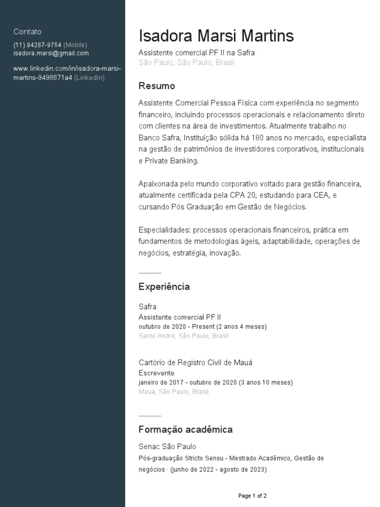 Curriculo - Isadora Marsi Martins | PDF | Pós-graduação | Business