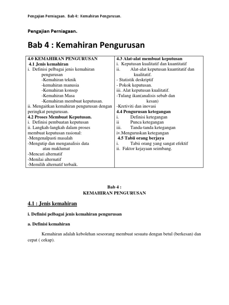 Pengajian Perniagaan Bab 4 Kemahiran Pengurusan