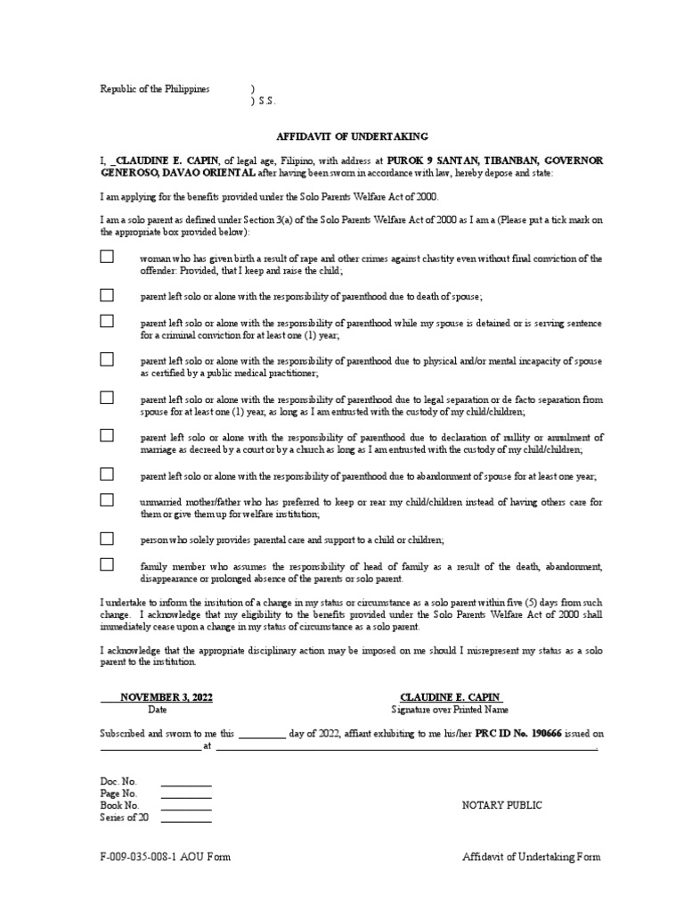 Affidavit of Undertaking Form - SOLO PARENT - 0 | PDF | Affidavit ...