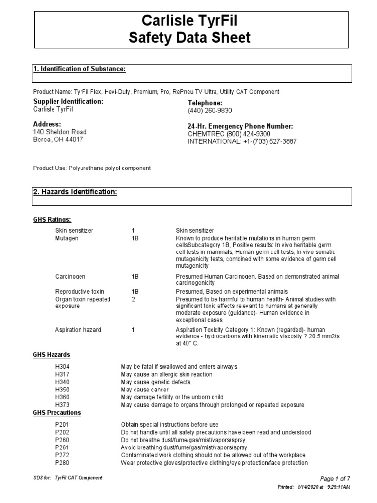 TyrFil Safety Data Sheet Overview | PDF | Toxicity | Dangerous Goods
