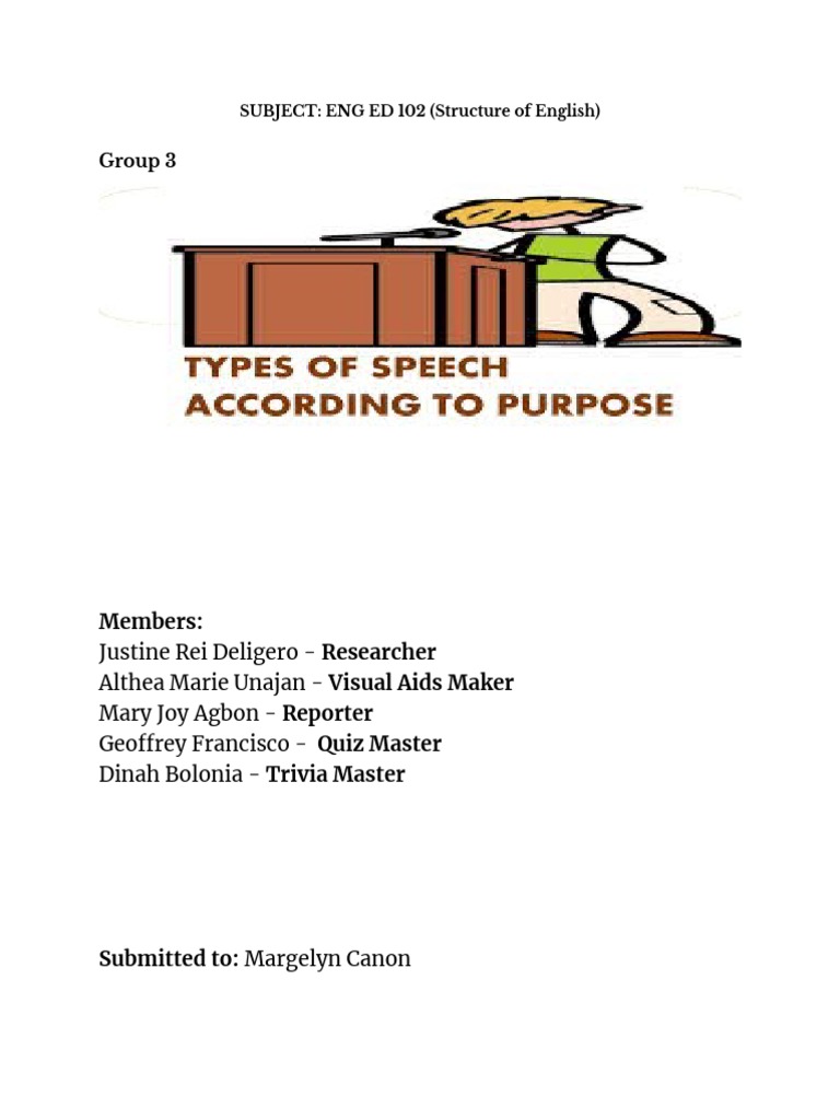 Types of Speech According To Purpose | PDF | Public Speaking | Persuasion