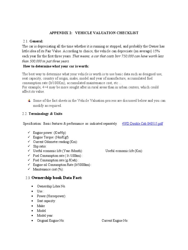 Appendix 2 - Vehicle Valuation Checklist | PDF | Fuel Economy In ...