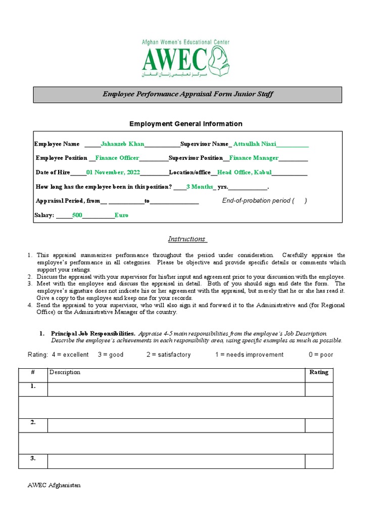 Appraisal Form Junior Staff Format PDF Performance Appraisal