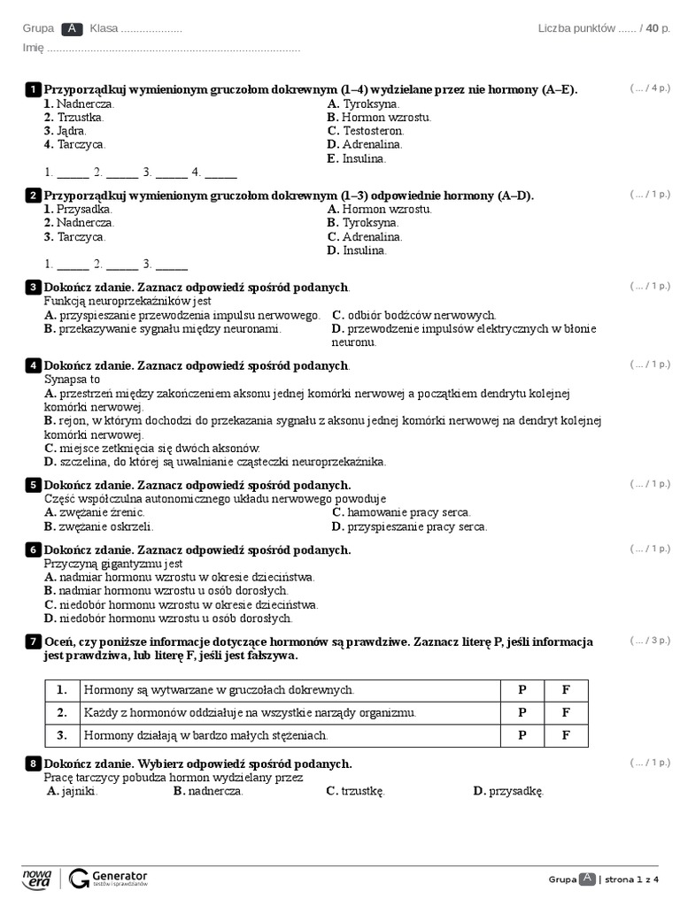Sprawdzian Z Biologi Klasa 7 Regulacja Nerwowo Hormonalna