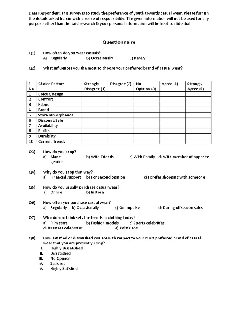 Questionnaire Casual Wear PDF Clothing Brand