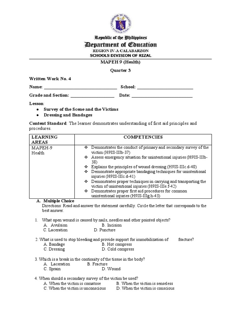 Grade 9 WW4 MAPEH Health Q3 PDF Cardiopulmonary Resuscitation Wound