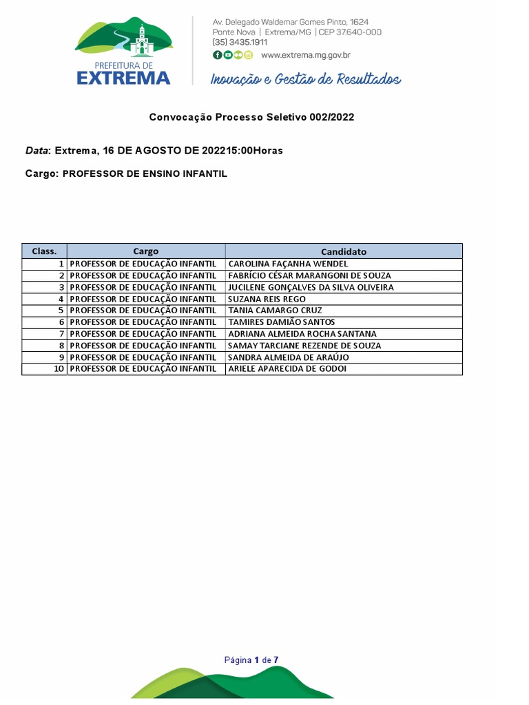 Convocação de Professores de Educação Infantil e Ensino