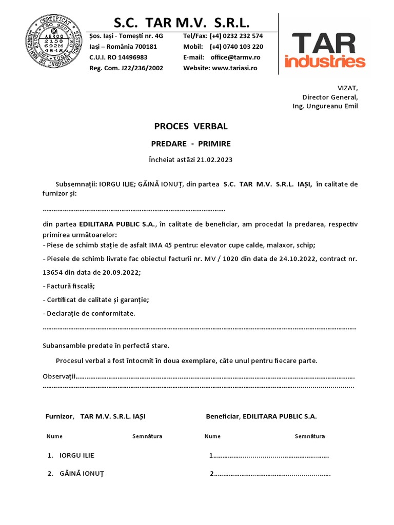 PV de Predare-Primire | PDF
