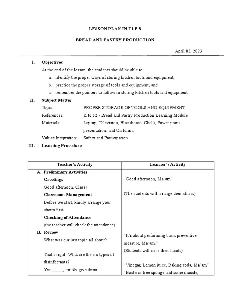 Lesson Plan in Tle 8 Bread and Pastry Production PDF Kitchen