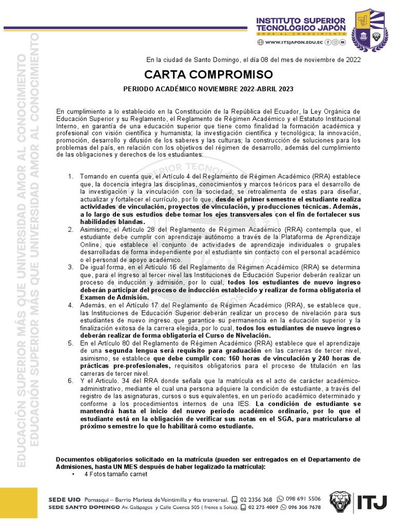 Carta Compromiso - Matrícula 2022-2023 | PDF | Educación más alta ...