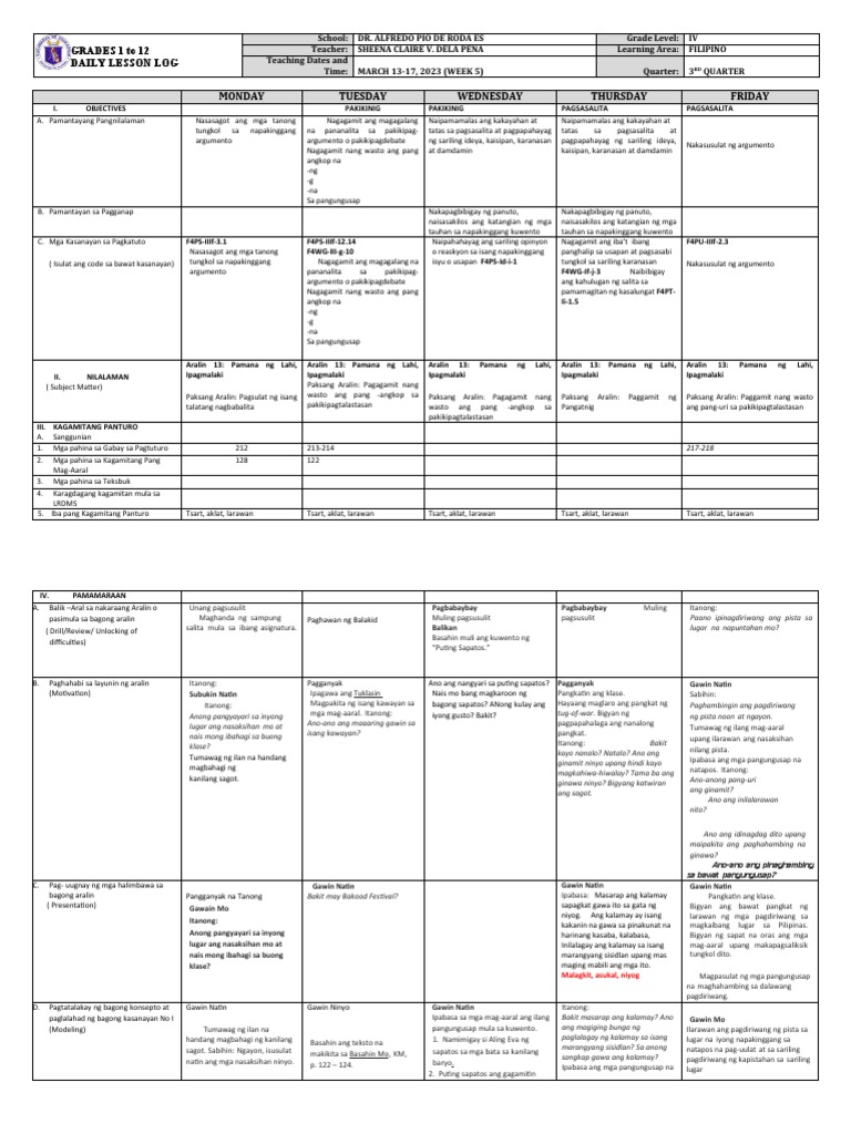 DLL - Filipino 4 - Q3 - W5 | PDF