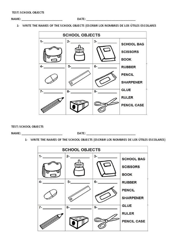 Prueba de Útiles Escolares en Inglés | PDF | Artes del Lenguaje y ...