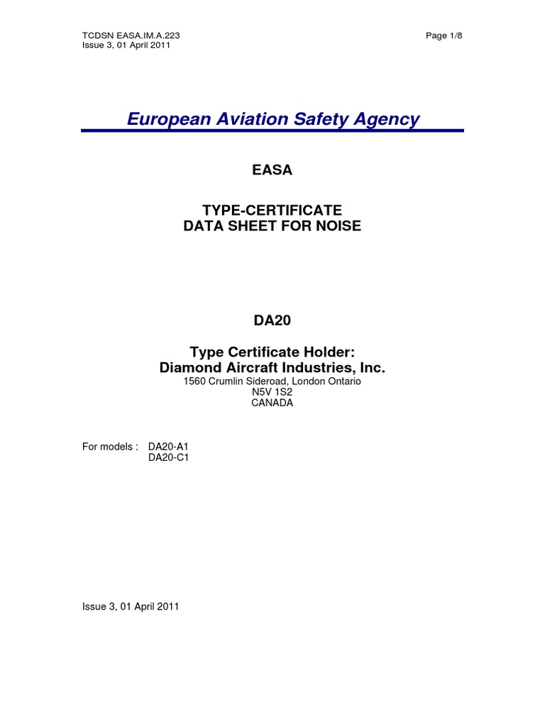 EASA Type Certificate for DA20 Aircraft | PDF | Vehicles | Aeronautics
