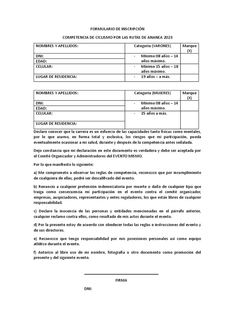 Formulario de Inscripción Ciclismo | PDF, image size:768x1024