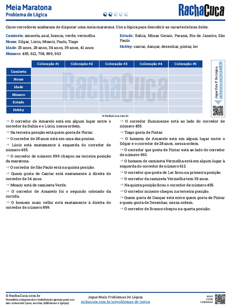 Respostas do racha-cuca: Problema de Lógica - Meia Maratona