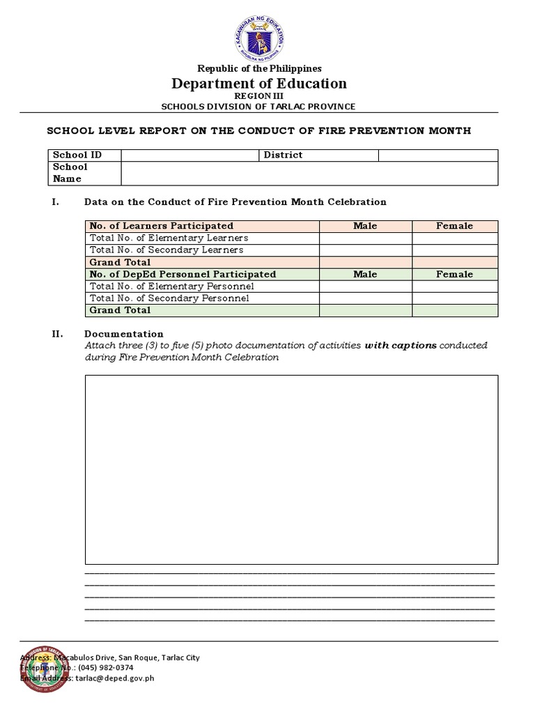 Template School Report Fire Prevention Month PDF