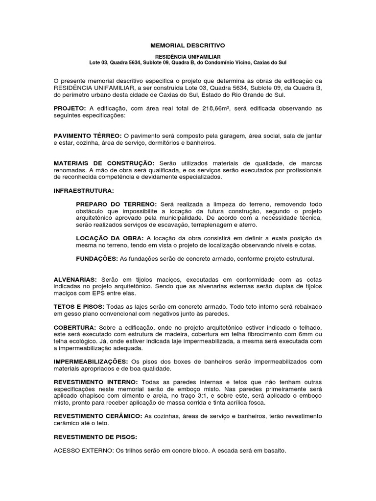 Memorial Descritivo Residencial Unifamiliar | PDF | Argamassa ...