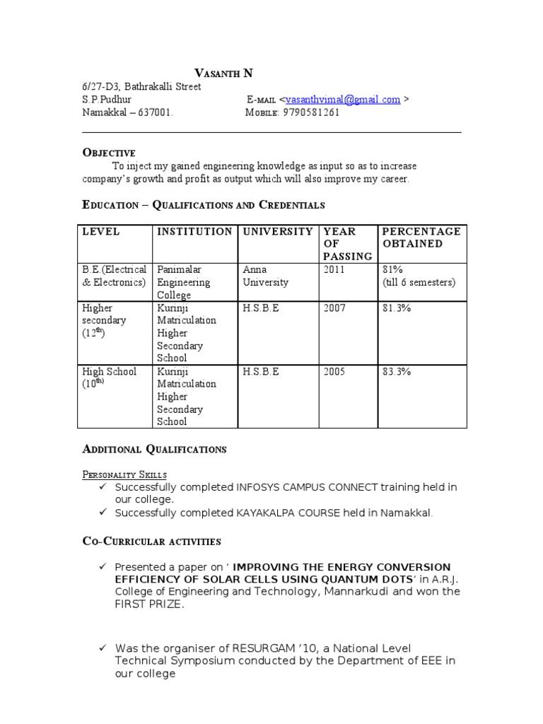 Vasanth Final Resume | PDF | Power Station | Engineering