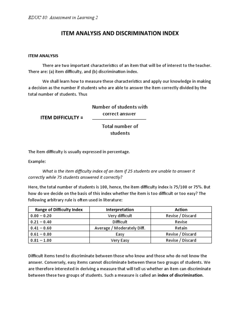 Item Analysis And Discrimation Index Pdf Cognition Cognitive Science