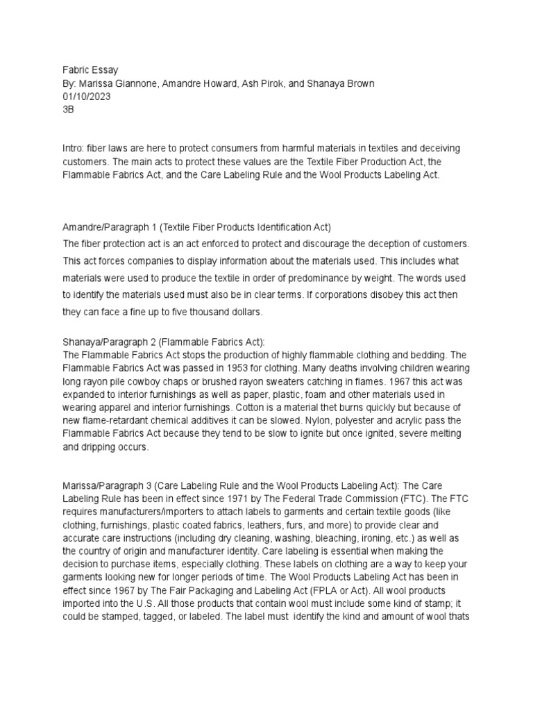 fabric essay marissa amandre ash shanaya PDF Textiles Wool