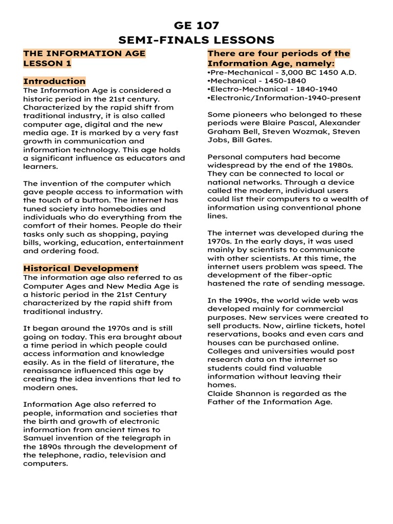 GE 107 Semi Finals Lessons The Information Age Lesson 1 There Are Four 