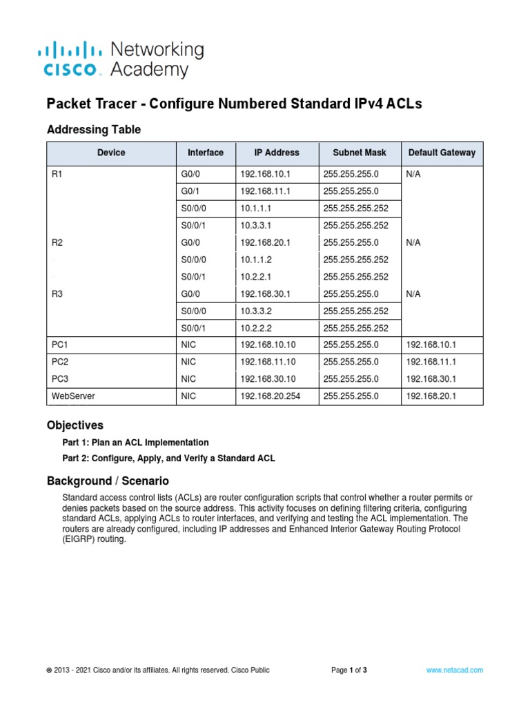 8.5.6 Packet Tracer - Configure Numbered Standard IPv4 ACLs | PDF ...