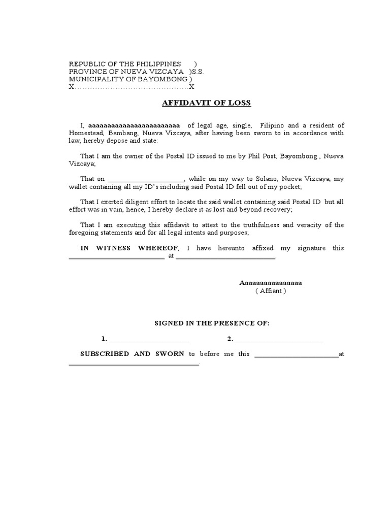 Affidavit Of Loss Declaration Of Lost Postal Id Pdf
