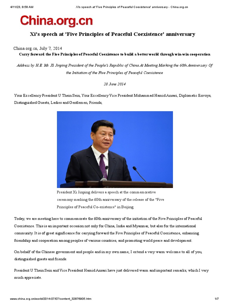 Xi's Speech at 'Five Principles of Peaceful Coexistence' Anniversary ...