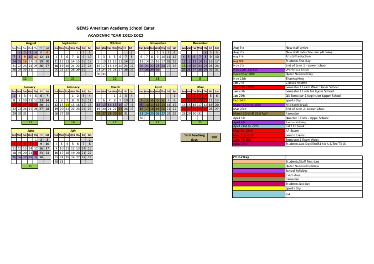 GEMS American Academy School Qatar ACADEMIC YEAR 2022-2023: August October  November December September | PDF | Academic Term