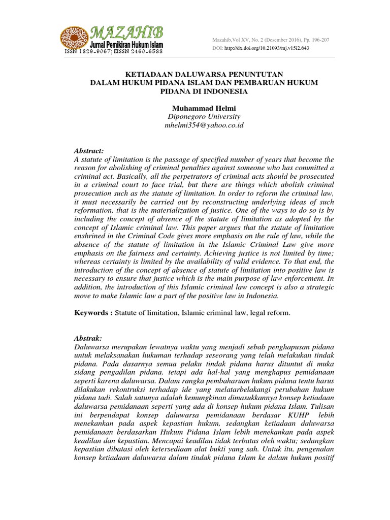 Ketiadaan Daluwarsa dalam Hukum Pidana Islam dan Pembaharuan Hukum