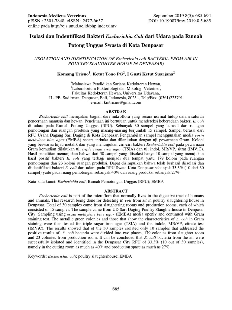 Isolasi Dan Indentifikasi Bakteri Escherichia Coli Dari Udara Pada ...