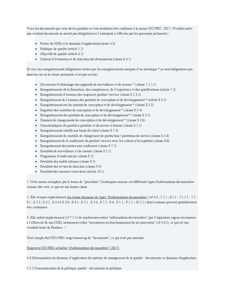 Documents requis pour ISO 9001:2015 | PDF | Système de management de la ...