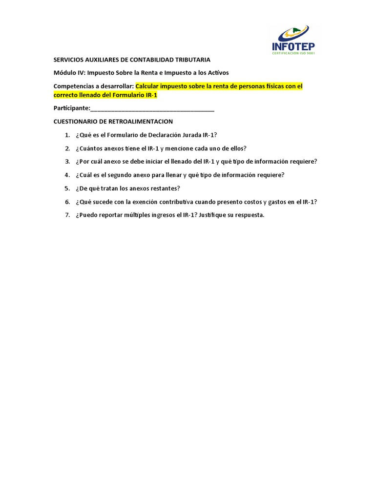 Llenado del Formulario IR-1 en RD | PDF | Impuestos | Impuesto sobre la ...