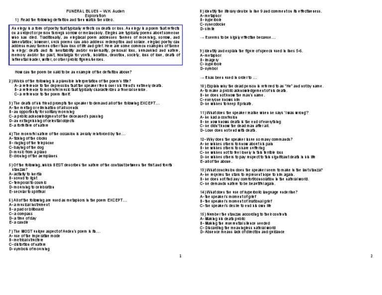 Funeral Blues Exploration Download Free PDF Poetry