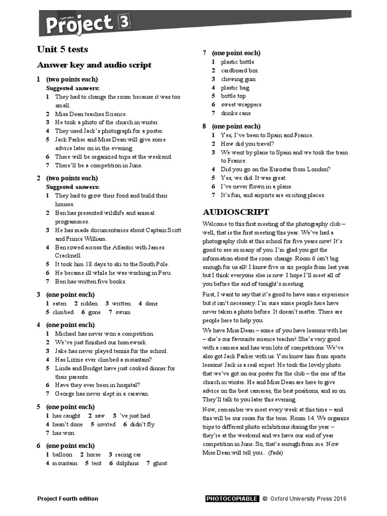 Unit 5 Tests Answer Key and Audio Script PDF