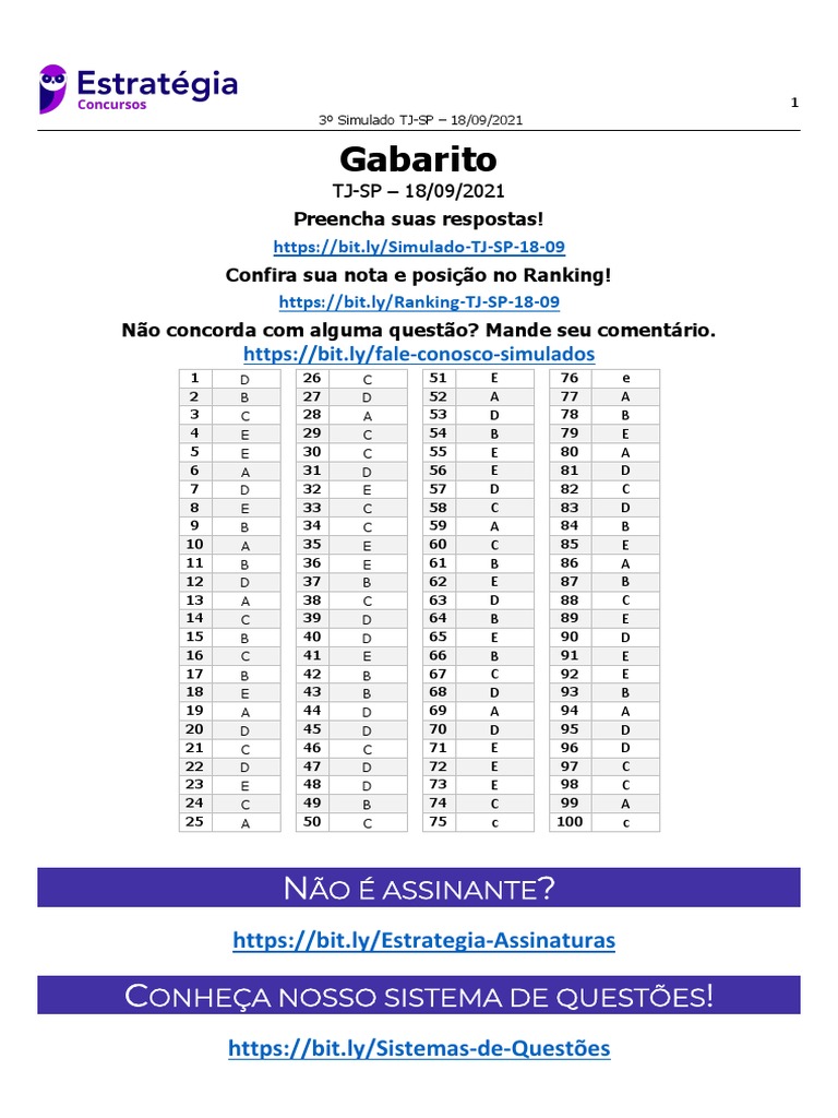 Gabarito do 3º Simulado TJ-SP | PDF