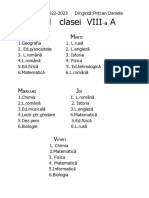 Orarul Clasei VIII A: UNI Arți