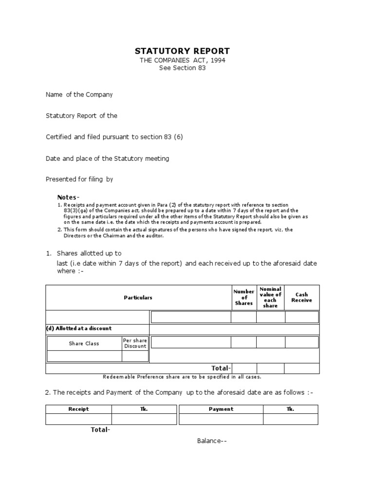 Form VII Statutory Report Section 83 PDF Business Private Law