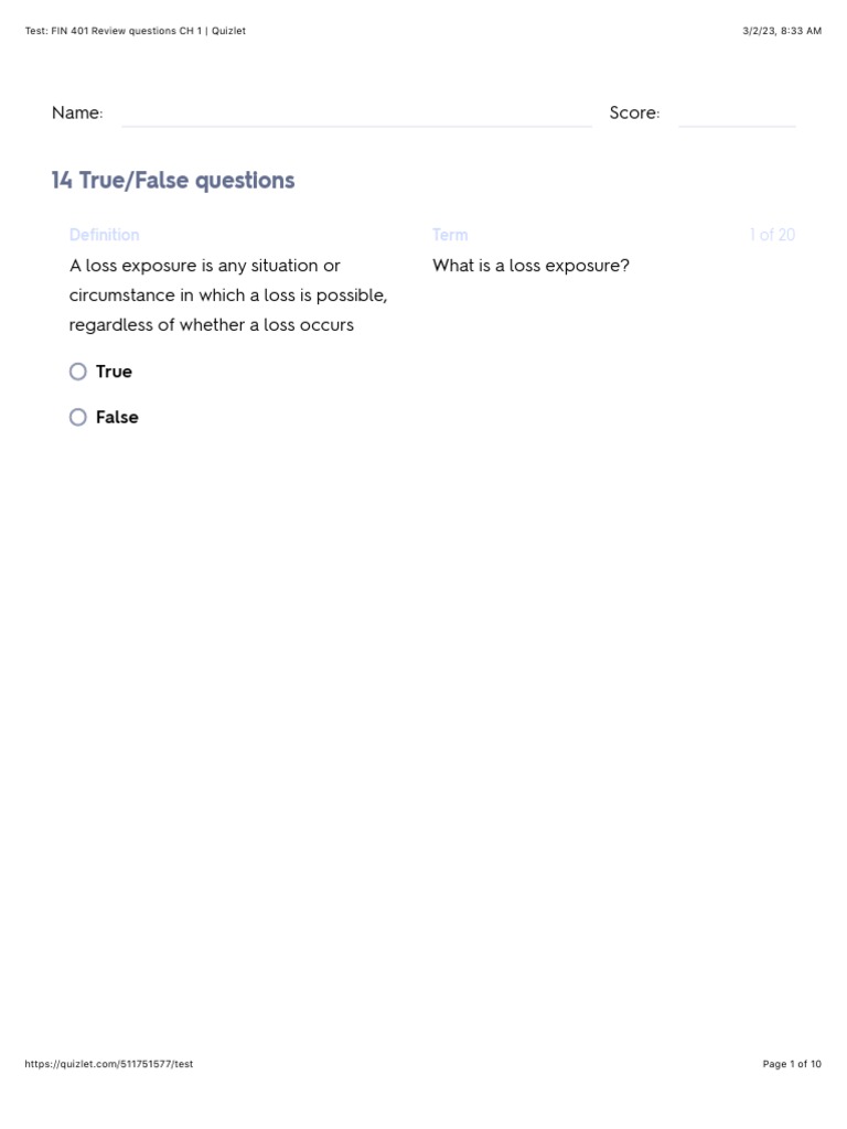 Test FIN 401 Review Questions CH 1 Quizlet PDF Risk Insurance