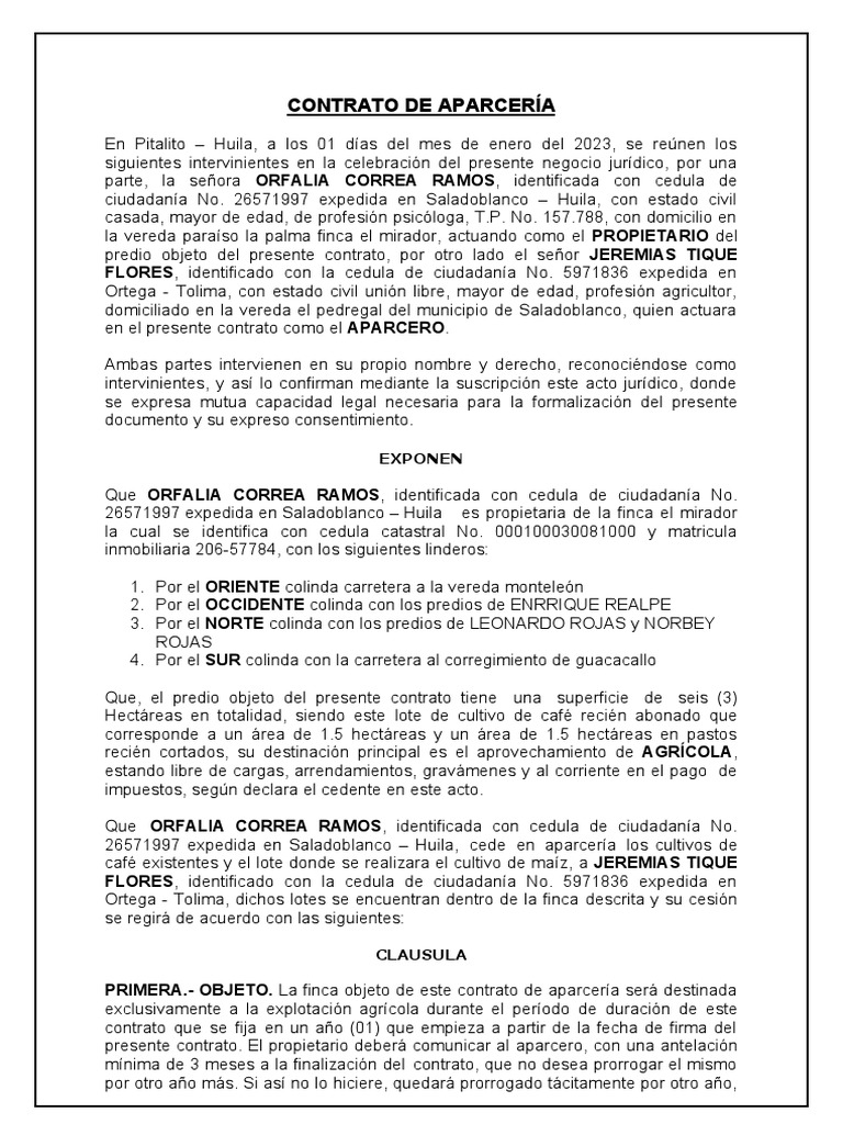 Contrato DE Aparcería Exponen PDF Propiedad Ley común