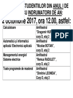 2 Octombrie 2017, Ora 12.00, Astfel:: Intilnirea Studentiilor Din Anul I de Studiu Cu Indrumatorii de An