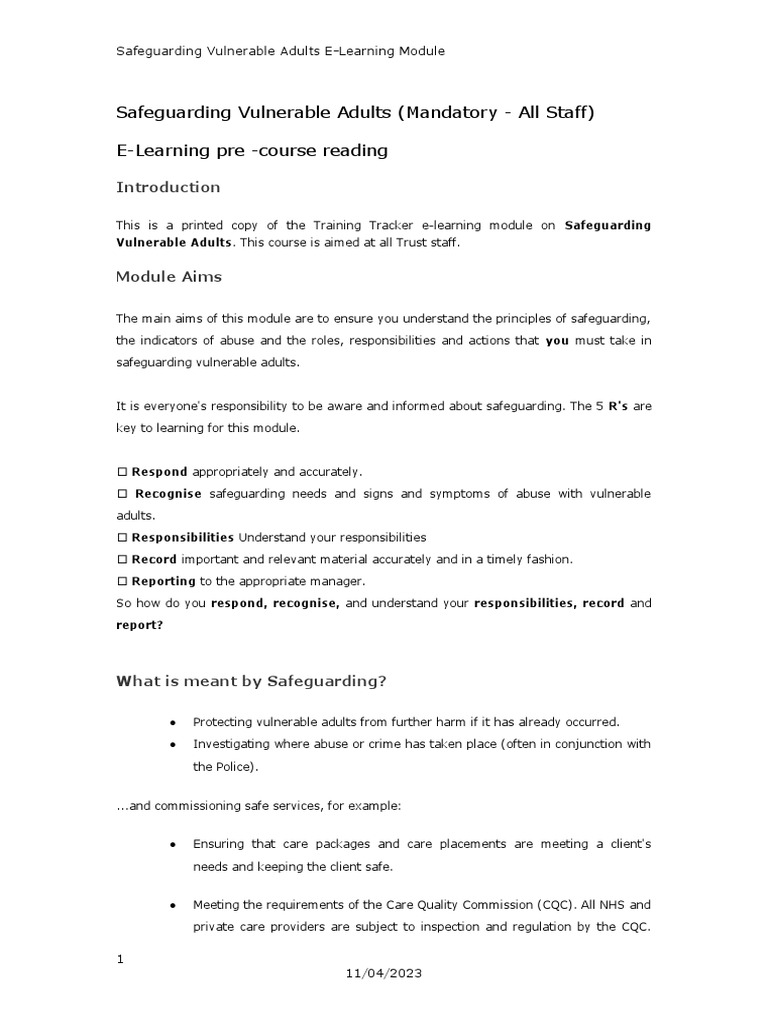 Safeguarding Vulnerable Adults Elearning July 12 | PDF | Psychological