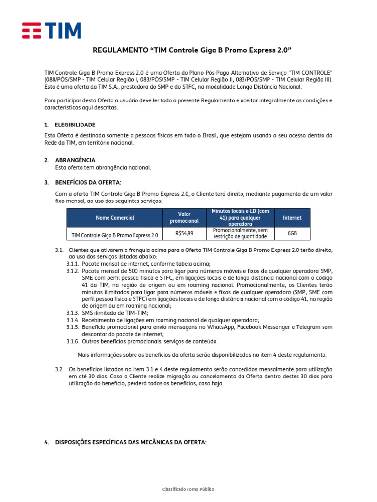 Regulamento TIM Controle GIGA B Promo Express 2.0 | PDF | Internet ...