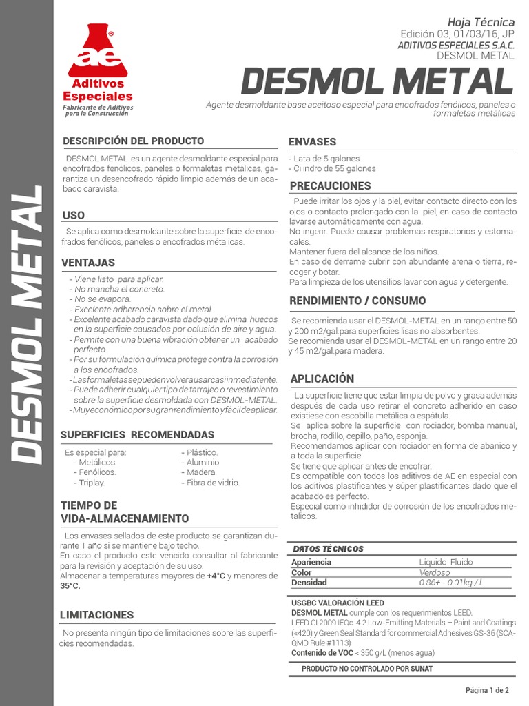 Agente Desmoldante Desmol Metal | PDF | Hormigón | Agua