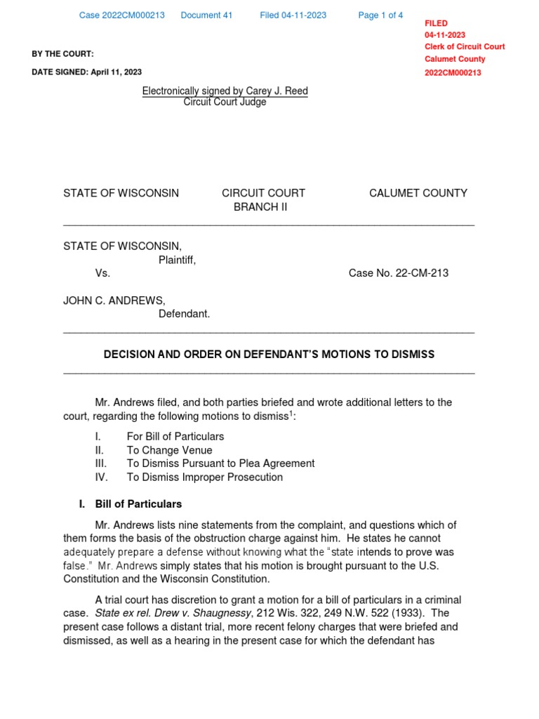 Order on Defendant's Motions to Dismiss | PDF | Wisconsin Circuit ...