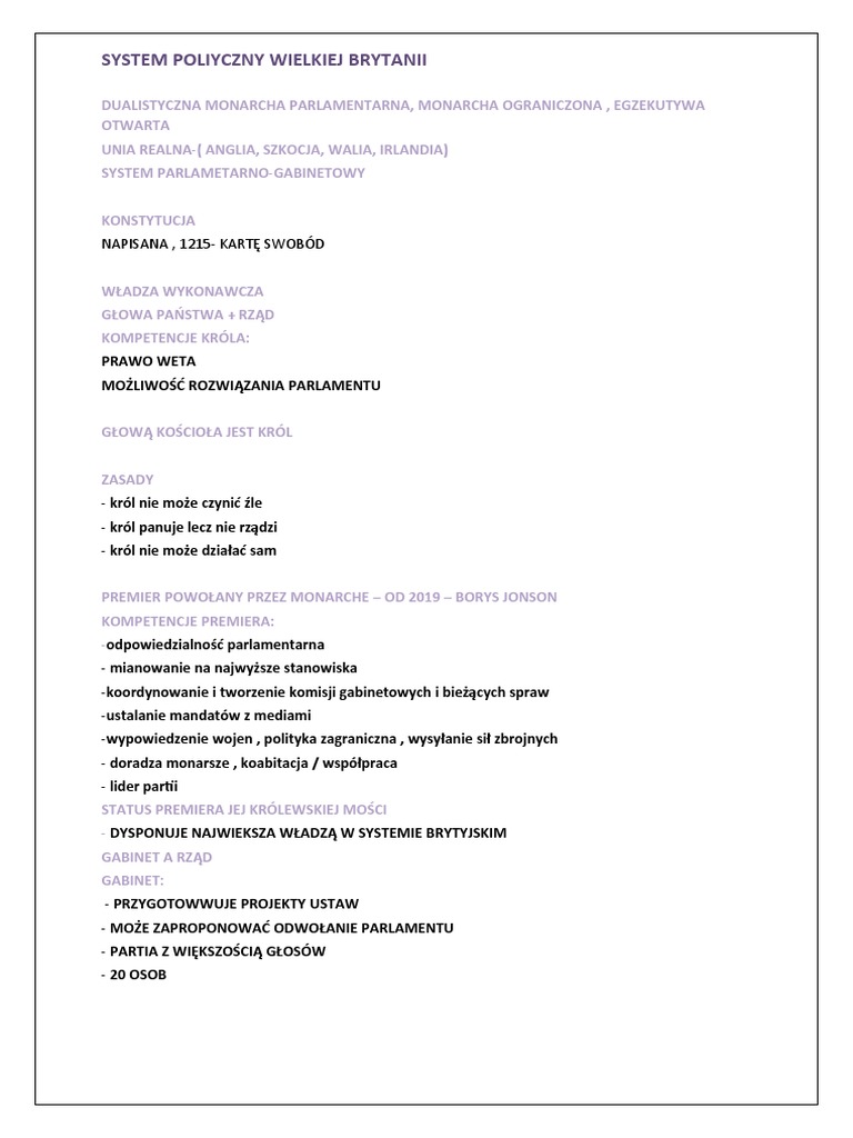 Ustrój Polityczny W Wielkiej Brytanii System Polityczny Wielkiej Brytanii | PDF