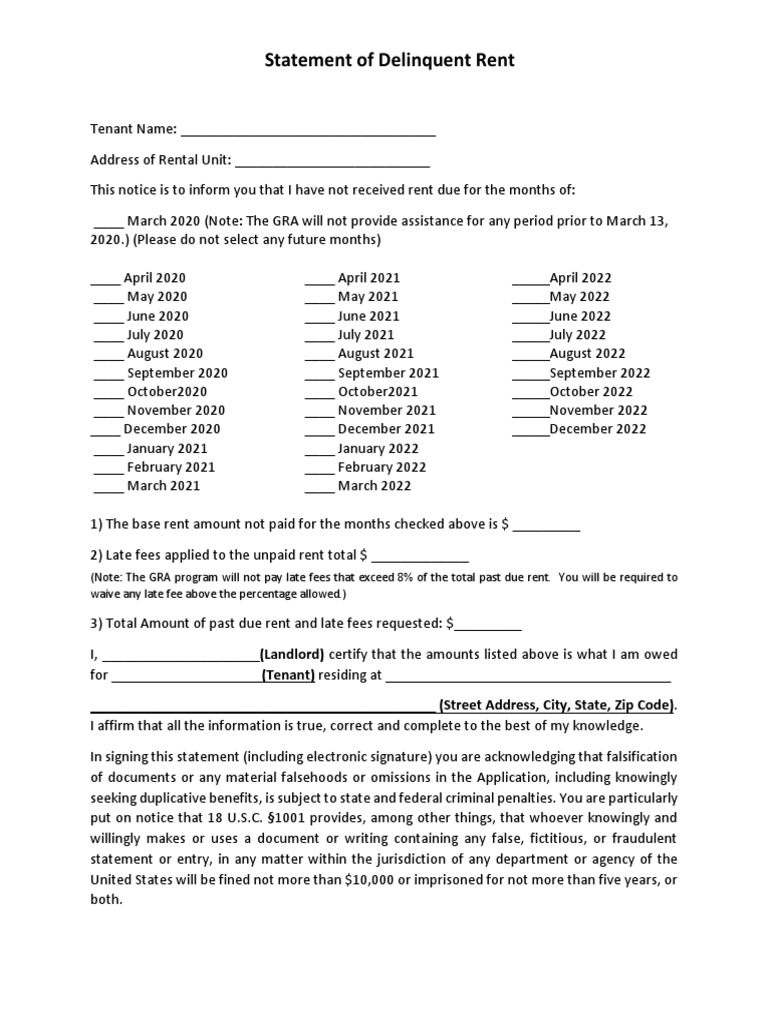 Delinquent Rent Statement Template | PDF | Renting | Landlord