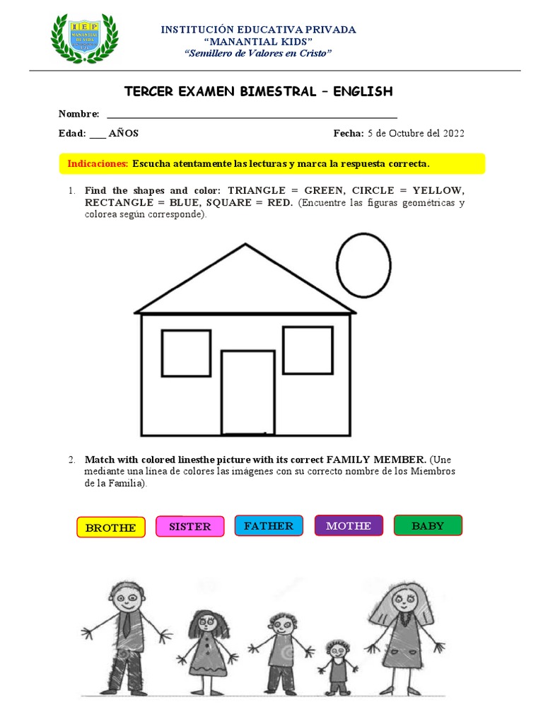 Examen Bimestral de Inglés para Kinder | PDF