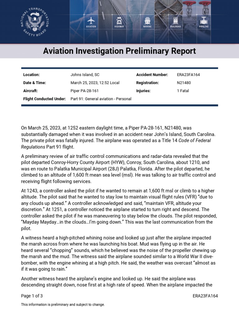 N21480 Piper PA-28 Crash Report | PDF | Visual Flight Rules | Aircraft